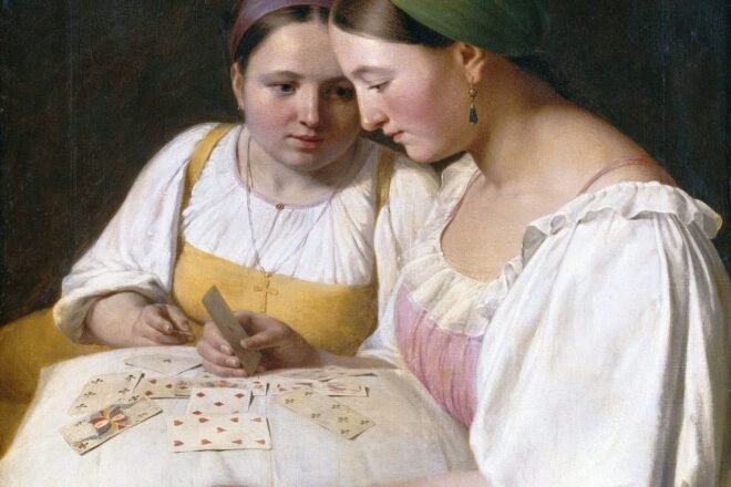 Dipinto ottocentesco di una donna che legge le carte su un tavolo