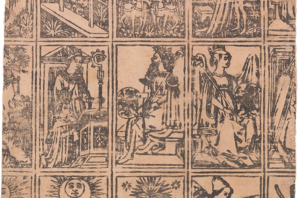 Foglio non tagliato di carte da tarocchi italiane del XV-XVI secolo